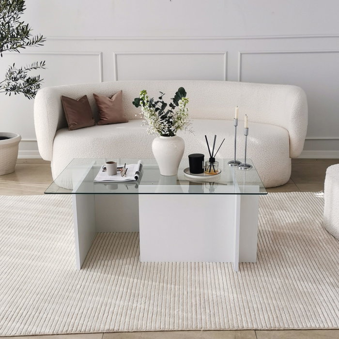Hanah Home Escape Mesa de Centro Blanca con Cristal Templado Hanah Home Escape Mesa de Centro Blanca con Cristal Templado